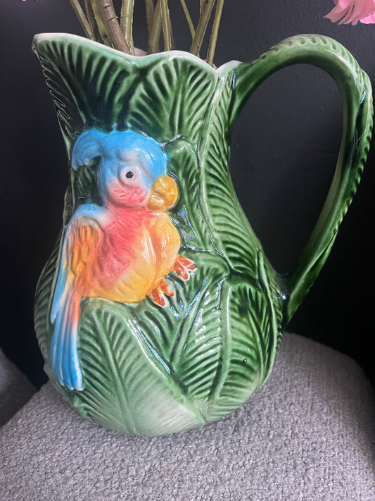 Vintage portugese greenleave pitcher with bird and pink flower