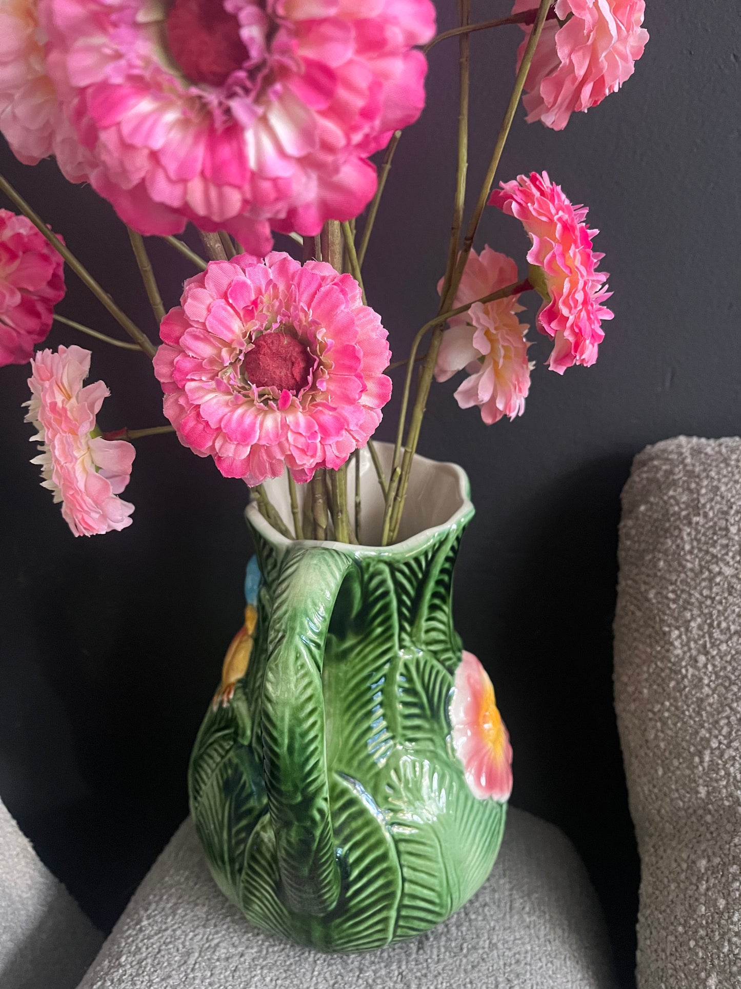 Vintage portugese greenleave pitcher with bird and pink flower