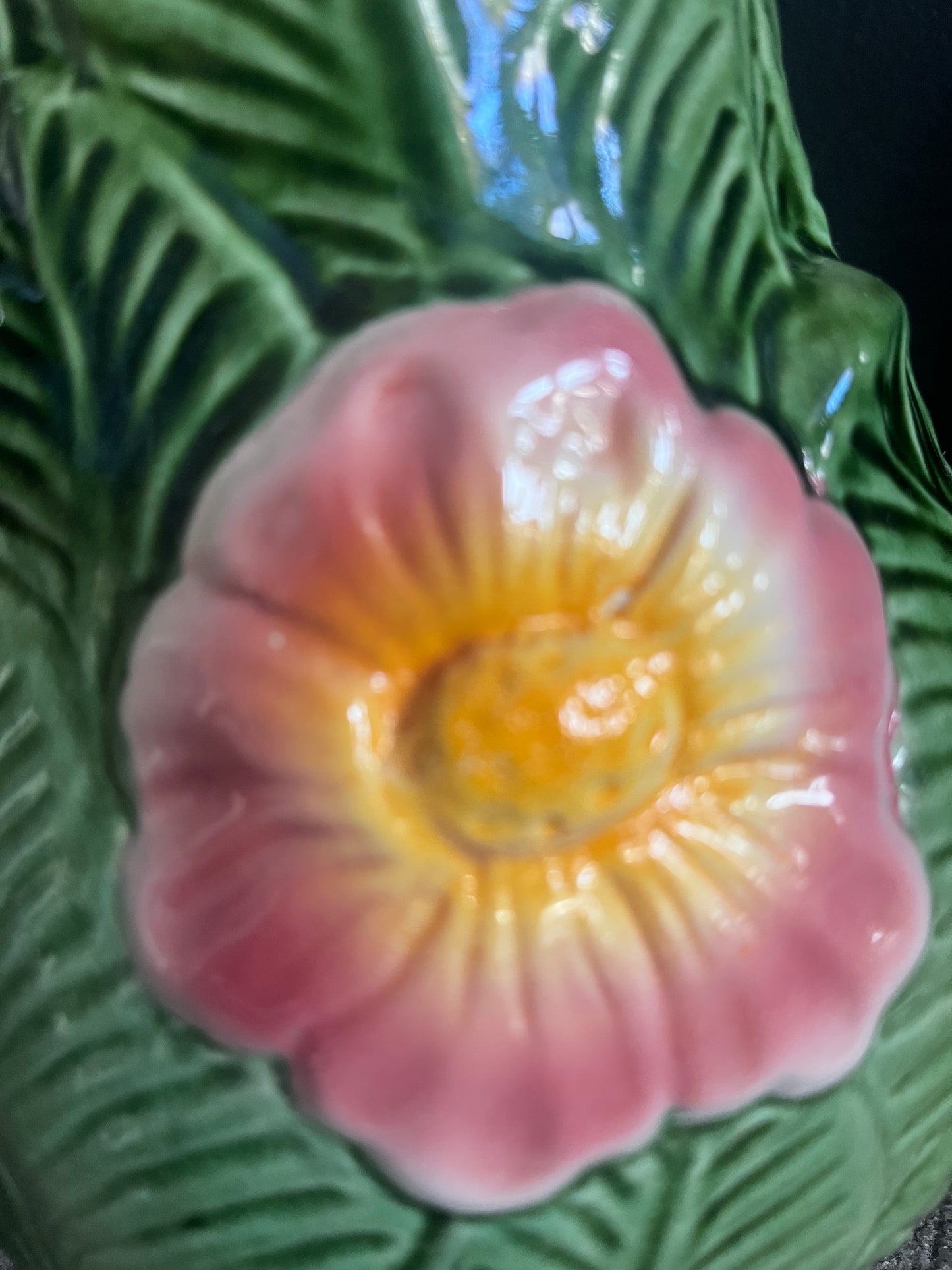 Vintage portugese greenleave pitcher with bird and pink flower