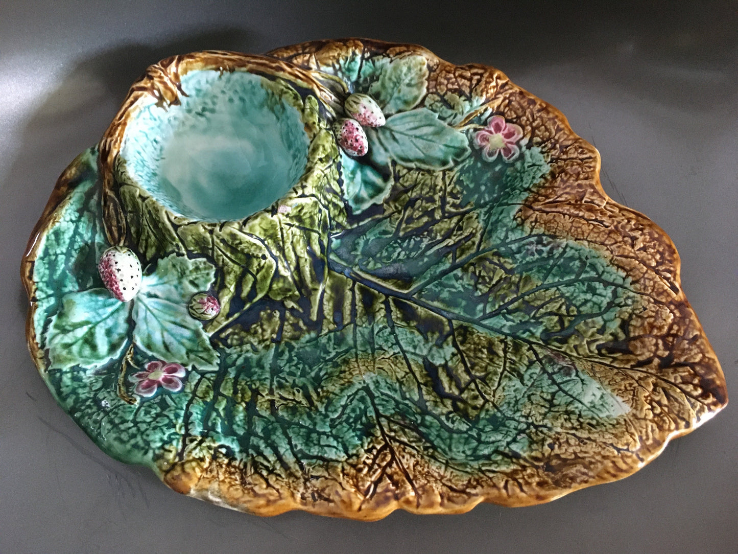 Majolica strawberry server from Nimy France Art Nouveau