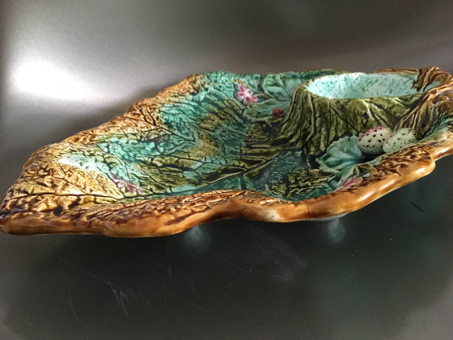 Majolica strawberry server from Nimy France Art Nouveau