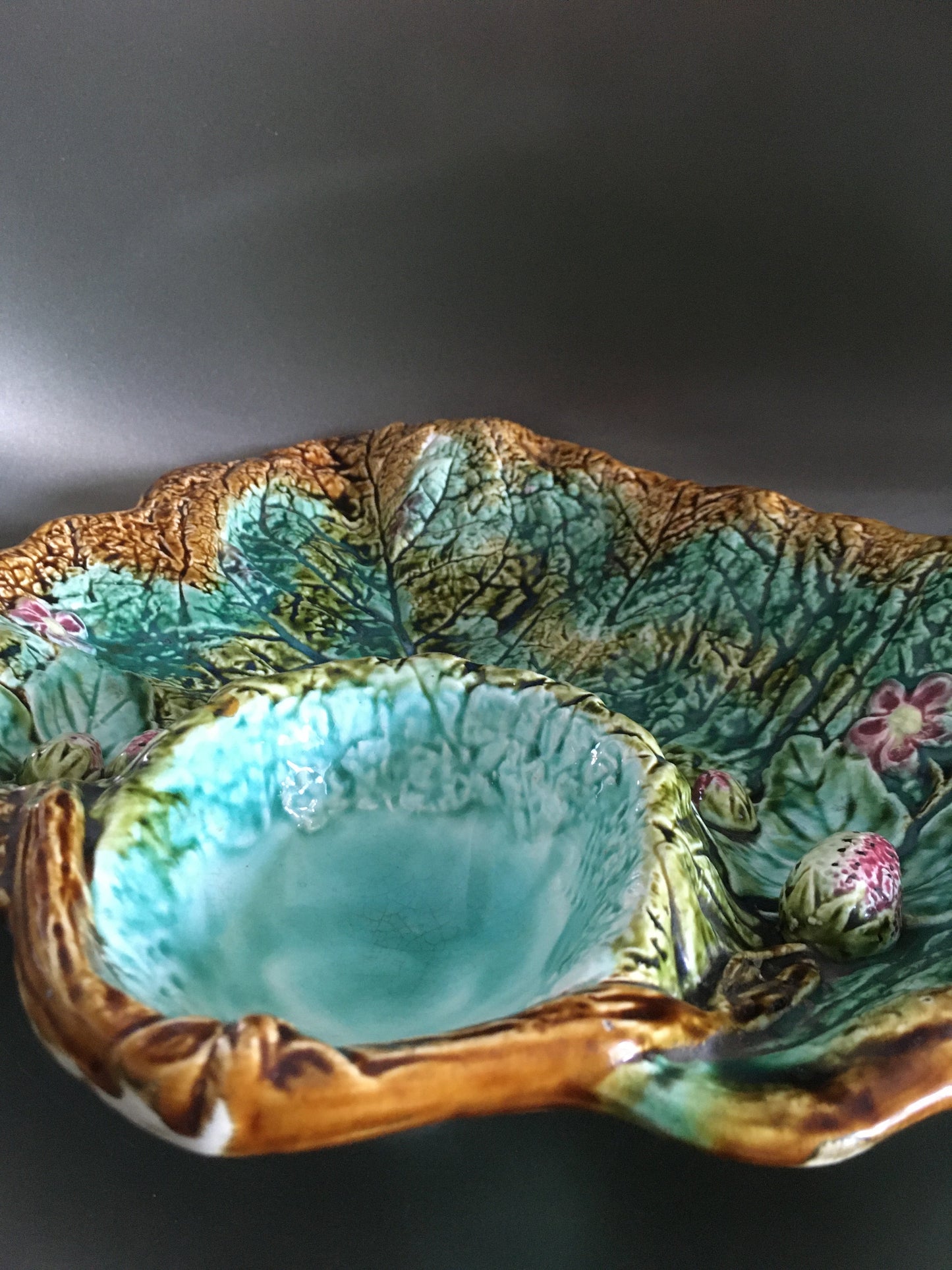 Majolica strawberry server from Nimy France Art Nouveau