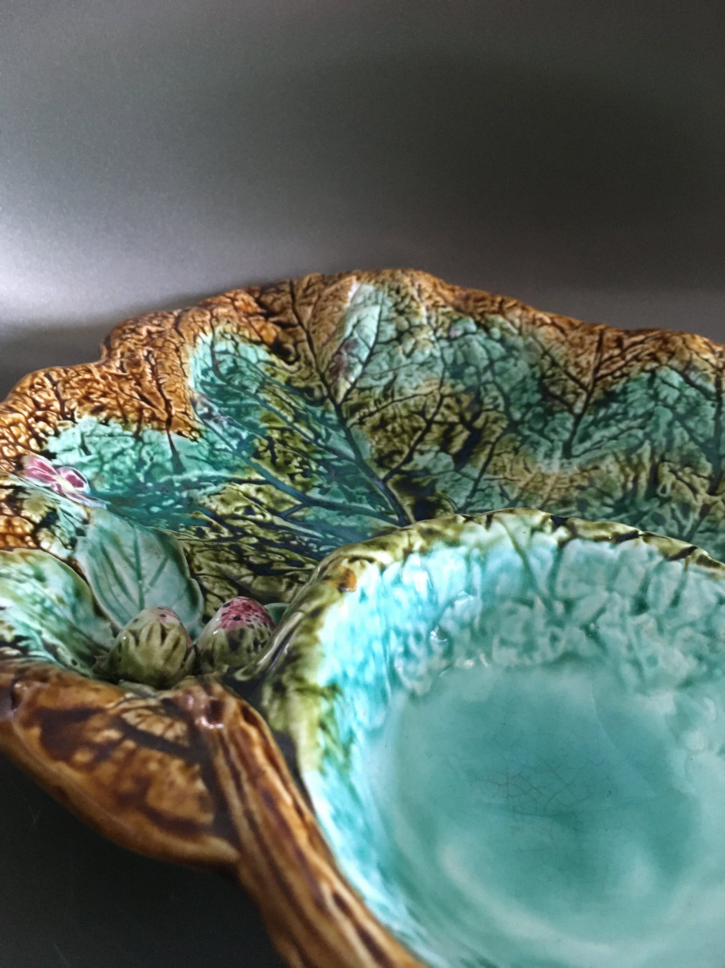 Majolica strawberry server from Nimy France Art Nouveau