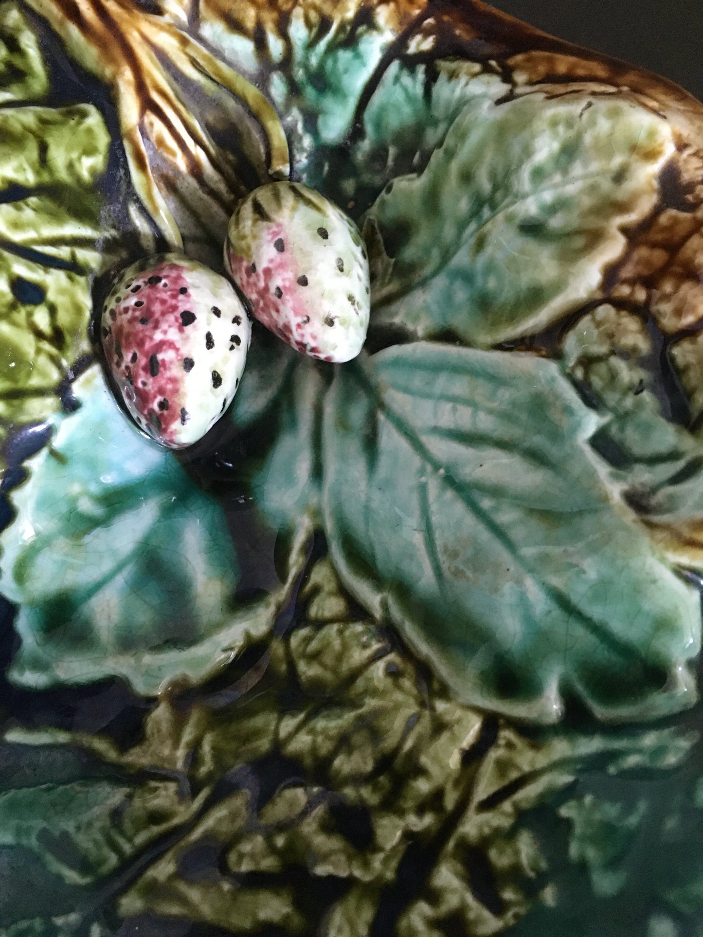 Majolica strawberry server from Nimy France Art Nouveau